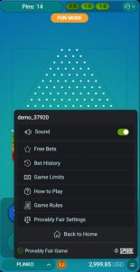 Plinko mobile game menu